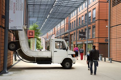 France, Rhone, Lyon, the Cite Internationale designed by the architect Renzo Piano, Truck (2007) Erwin Wurm work, collection of the Museum of Contemporary Art in Lyon