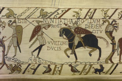 France, Calvados, Bayeux, tapestry museum, Bayeux tapestry, tapestry of Queen Mathilde listed as Memory of the World by UNESCO telling the story of England's invasion by William the Conqueror