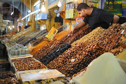 Morocco, Meknes Tafilalet Region, Meknes, Imperial City, medina listed as World Heritage by UNESCO, El Hedime covered market, stalls with dried fruits