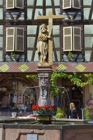 France, Haut Rhin, Kaysersberg, Saint Constantin's fountain (1521) on the Old Market square