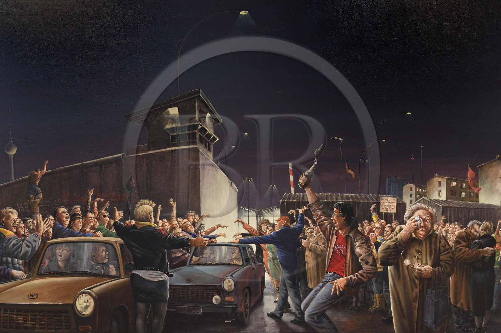 Allemagne, Berlin, Checkpoint Charlie Museum (Haus am Checkpoint Charlie or Mauermuseum), peinture représentant la nuit du 9 novembre 1989 lors de la chute du mur