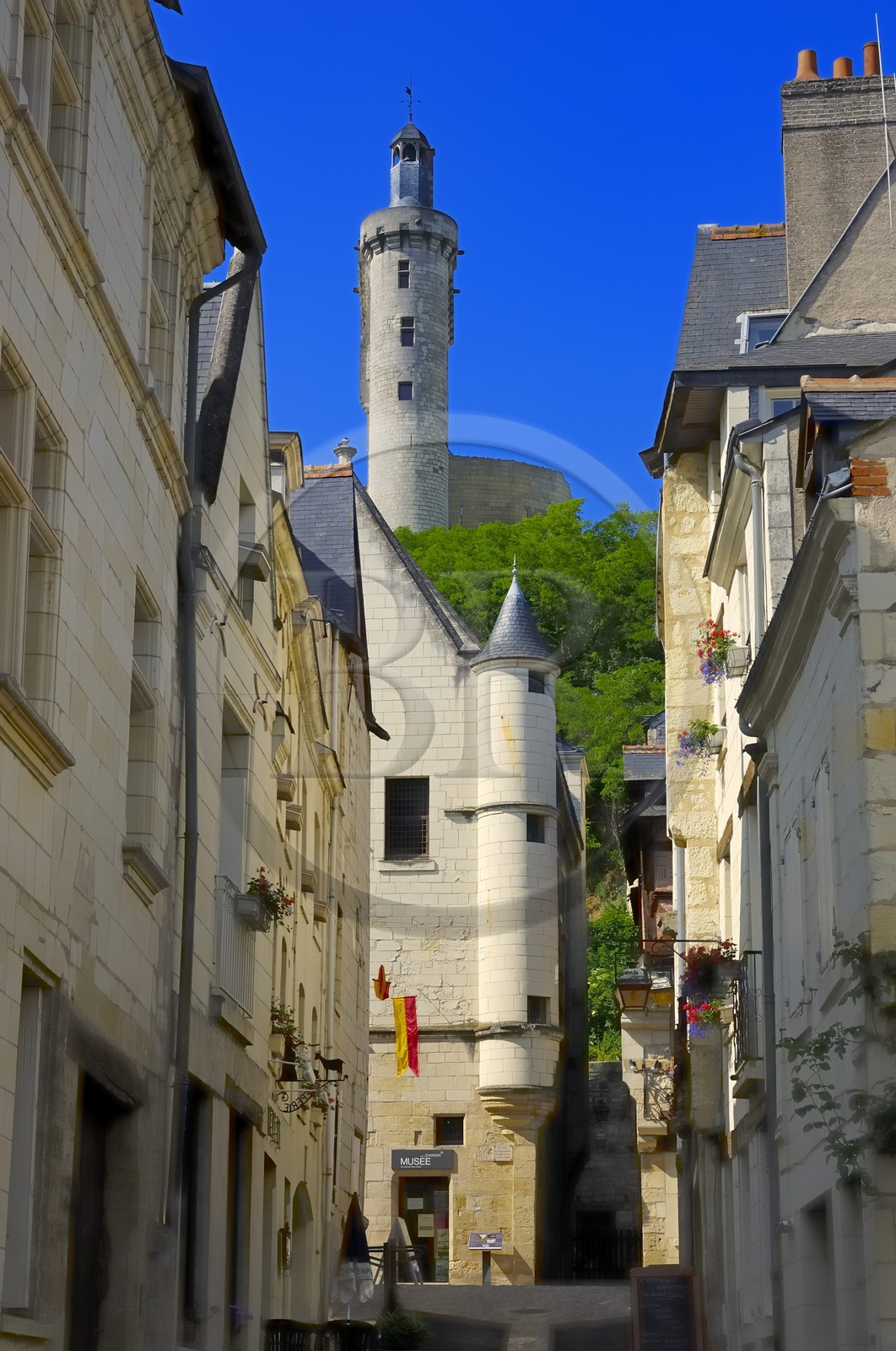 France, Indre et Loire (37), Vallée de la Loire classée Patrimoine Mondial de l'UNESCO, Chinon, l'Hôtel des Etats Généraux au Grand Carroi (rue Voltaire) et la tour de l'Horloge du château (musée Jeanne d'Arc)