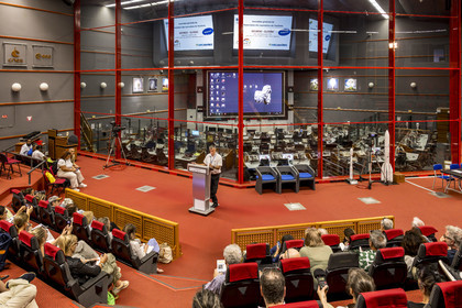 France, French Guiana, Kourou, Guiana Space Centre (Centre spatial guyanais, CSG) also called Europe's Spaceport, a conference given by its director Philippe Lier to visitors, the Jupiter command center in the background.