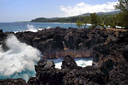France, Reunion island (French overseas department), Saint-Joseph, the small port of the Marine de Langevin in a natural corridor of basalt rock from an old lava flow which allowed the installation of a landing stage