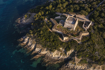 France, Var, Iles d'Hyeres, Parc National de Port Cros (National park of Port Cros), Porquerolles island, the Alycastre Fort with an exterior wall star shaped (aerial view)
