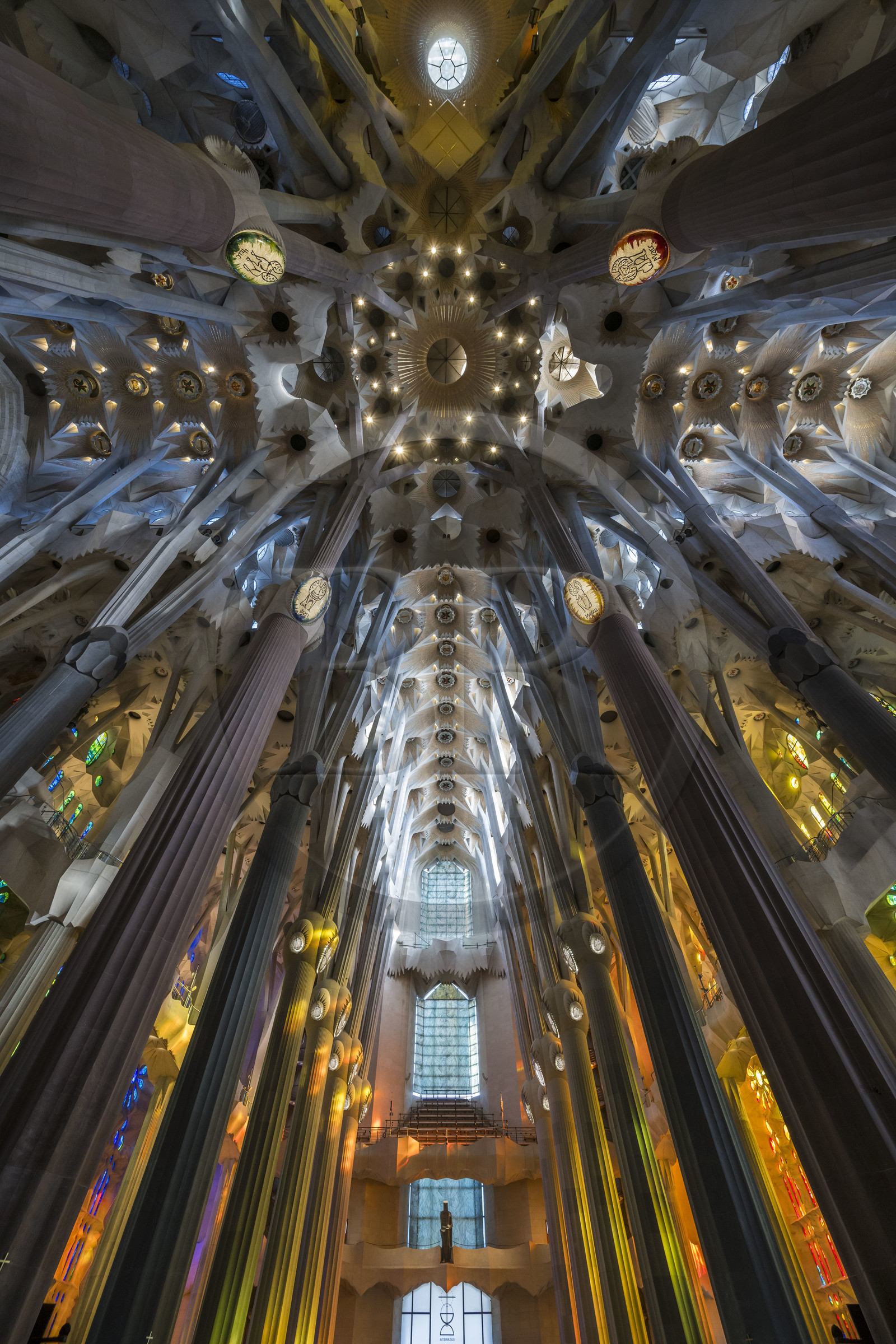 Espagne, Catalogne, Barcelone, quartier de l'Eixample, basilique de la Sagrada Familia de l'architecte du modernisme catalan Antoni Gaudi classée Patrimoine Mondial de l'UNESCO, la facade de la Gloire vue de l'intérieur et la voute de la Nef en haut