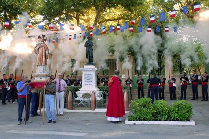 France, Var (83), la Provence Verte, Bras, the Bravade (bravado), procession of Saint Etienne, bravaders firing a blank