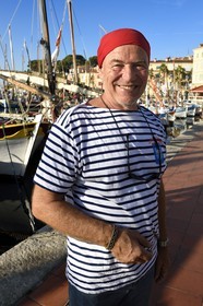 France, Var, Sanary-sur-Mer, traditional fishing boats called pointus in the port, Christian Benet who is president of the Sanary Pointus association