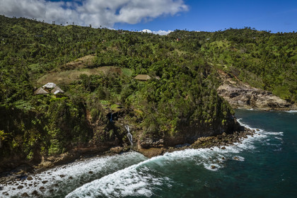 Caribbean, Dominica Island, Salybia, Kalinago Territory, Kalinago Barana Autê (the Caribbean village by the sea), large village of the Kalinagos Indians intended for the development and sharing of their traditional activities (aerial view)
