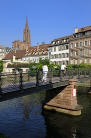France, Bas-Rhin (67), Strasbourg, les bords de l'ill face au quai des Bateliers, la cathédrale et la Passerelle de l'Abreuvoir