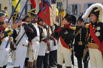Italy, Liguria, Sarzana, Napoleon Festival, Napoleon reviews the troops along with the Marshal of the Empire Massena on the Piazza Matteotti