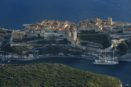 France, Corse du Sud, Bonifacio, the limestone cliffs, the citadel and the old town (aerial view)