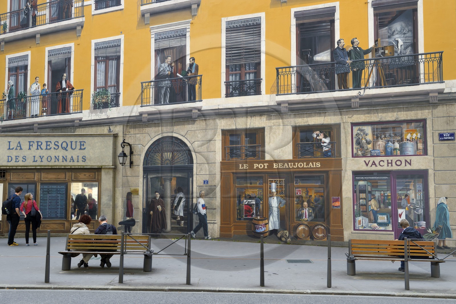 France, Rhône (69), Lyon, site historique classé Patrimoine Mondial de l'UNESCO, la fresque des lyonnais réalisée par la Cité de la Création, rue de la Martinière