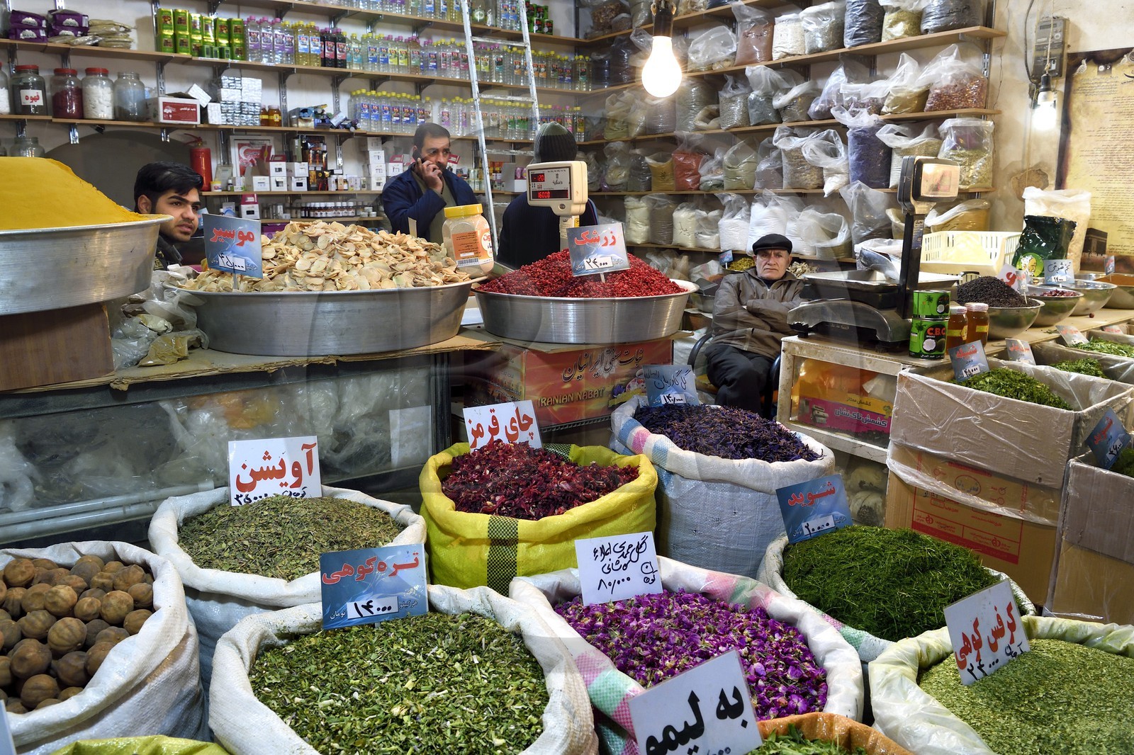 Iran, province d'Ispahan, Ispahan, Bazar-e Bozorg (Grand Bazar), immense bazar couvert qui remonte à près de 1300 ans, étal d'épices et légumes secs