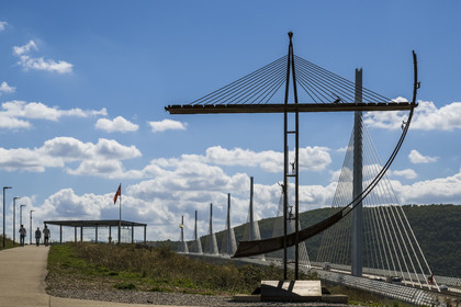 France, Aveyron, Grands Causses regional natural park, Millau, the Millau viaduct by architects Michel Virlogeux and Norman Foster, sculpture made for the 10th anniversary of the viaduct on the motorway rest area and its viewpoint