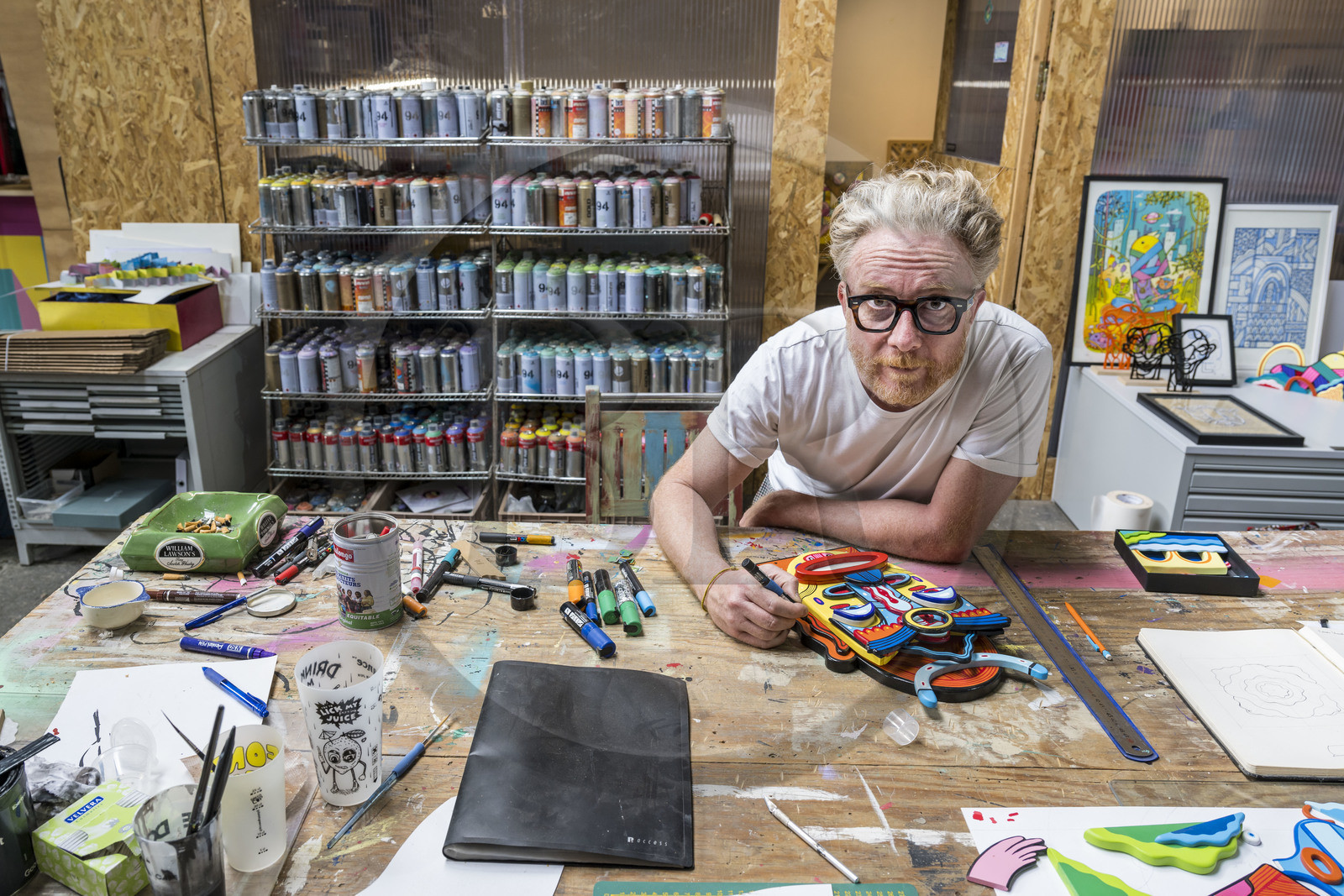 France, Vaucluse (84), Avignon, l'artiste grapheur Pablito Zago dans son atelier, fondateur de l’association le Cartel et de l’atelier Shed