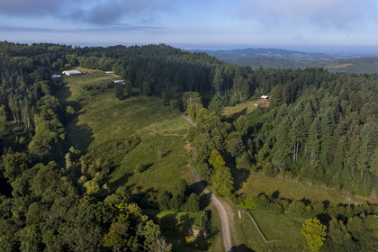 France, Saone et Loire, regional natural park of Morvan, Saint Leger sous Beuvray, Bibracte on Mont Beuvray, a Gaulish oppidum capital of the Aedui and one of the most important hillforts in Gaul, the fortified entrance to the site on the former rampart (aerial view)