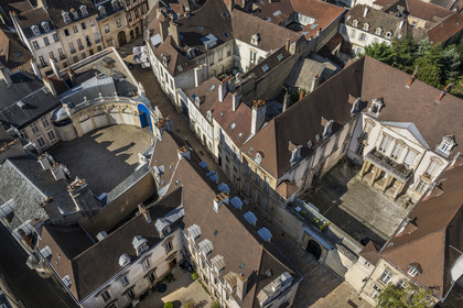 France, Cote d'Or, Dijon, area listed as World Heritage by UNESCO, private mansions on rue Vauban, the Hotel Legouz de Gerland built in 1538 on the left and the Hotel Bouhier de Savigny built around 1640 on the right (aerial view)