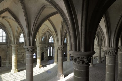 France, Manche, the abbey of Mont Saint Michel, listed as World Heritage by UNESCO, buildings of la Merveille, room of the knights, under the cloister