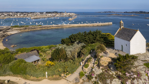 France, Finistère, Roscoff, stopover on the GR 34 hiking trail or coastal trail, the Sainte Barbe chapel at Pointe de Bloscon (aerial view)