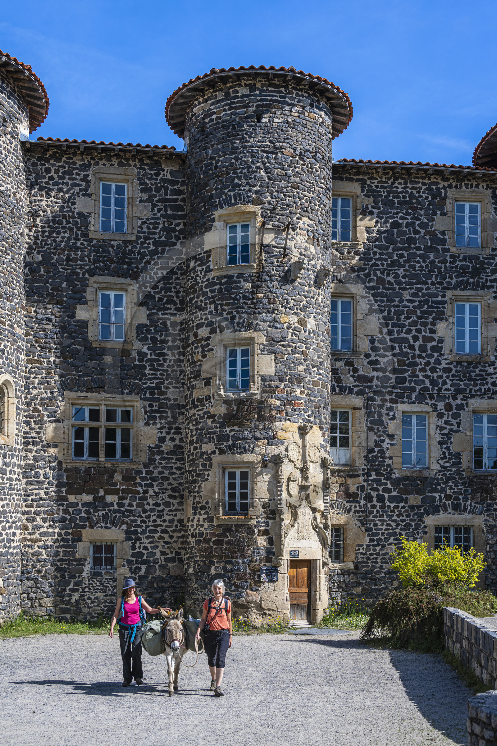 France, Haute-Loire (43), Le Monastier-sur-Gazeille, randonnée avec un âne sur le chemin de Stevenson (GR 70) devant le Chateau qui abrite le musée des croyances populaires