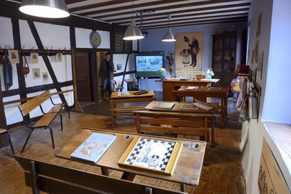 France, Haut Rhin, Riquewihr, labelled Les Plus Beaux Villages de France (The Most Beautiful Villages of France), Hansi museum, works of the famous Alsatian popular artist Jean-Jacques Waltz said Hansi (1873-1951), reconstitution of a school class