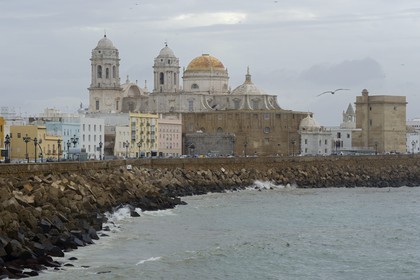 Espagne, Andalousie, Cadix (Cadiz), la cathédrale et la calle Campo Sur