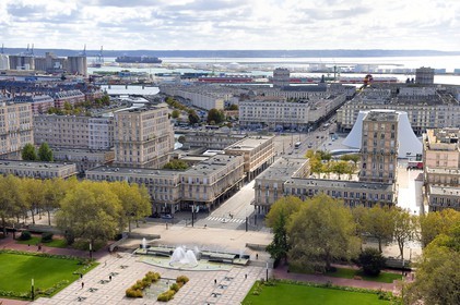 France, Seine Maritime, Le Havre, Downtown rebuilt by Auguste Perret listed as World Heritage by UNESCO, Perret buildings around the City Hall gardens and the port in the background