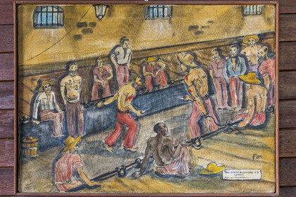 France, Guyane, Cayenne, musée départemental Alexandre-Franconie, peintures réalisées par un bagnard, Francis Lagrange dit Flag, condamné pour escroquerie et faux monnayage mais qui était aussi faussaire et artiste, elles retracent la vie (et le mort) au bagne