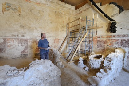 Israel, West Bank, Herodium or Herodion is a volcano-like hill with a truncated cone with a a fortress and palace build by Herod the Great (Herodion National Park), the Royal Box at King Herod's Theater excavations were conducted by Prof. Ehud Netzer and now by Yakov Kalman