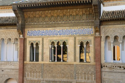 Spain, Andalusia, Seville, the Alcazar of Seville (Reales Alcazares de Sevilla), listed as World Heritage by UNESCO, facade of the Peter of Castile's Palace (Palacio de Pedro I)