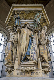 France, Cote d'Or, Dijon, area listed as World Heritage by UNESCO, Chartreuse de Champmol, the Well of Moses from 1395-1405, a masterpiece by the Flemish sculptor Claus Sluter, remains of a Calvary in the center of the large cloister, statue of the prophets Zechariah on the left, Daniel in the center and Isaiah on the right