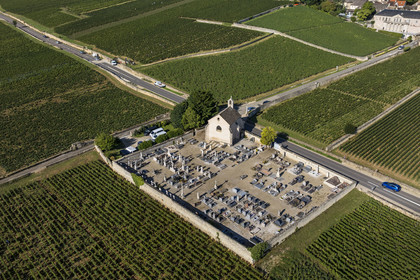 France, Côte-d'Or (21), les climats de Bourgogne classés Patrimoine Mondial de l'UNESCO, Route des Grands Crus, vignoble de la Côte de Beaune, Volnay, vendanges dans les vignes où les Hospices de Beaune possèdent des parcelles, chapelle Notre-Dame de Pitié reconstruite au XVIe siècle et son cimetière (vue aérienne)