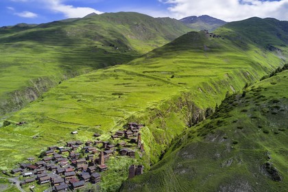 Georgia, Kakheti, Tusheti National Park, Alazani River Valley in the mountains of Pirikiti, village of Dartlo overlooked by Kvavlo (aerial view)