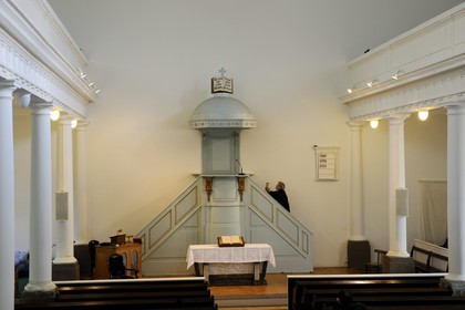 France, Bas-Rhin (67), Strasbourg, temple de la rue du Bouclier, répétition d'un pièce de théatre de Jean Pierre Schlagg où Calvin (Alain Moussay) disserte avec Castellion (Thomas Kempf)