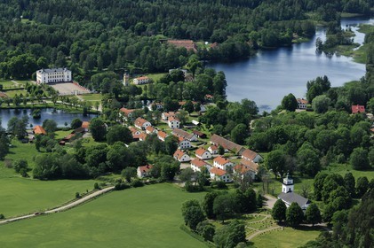 Sweden, Uppland, Forsmark bruk, former factory town (forge) spread between the mansion and the church (aerial view)