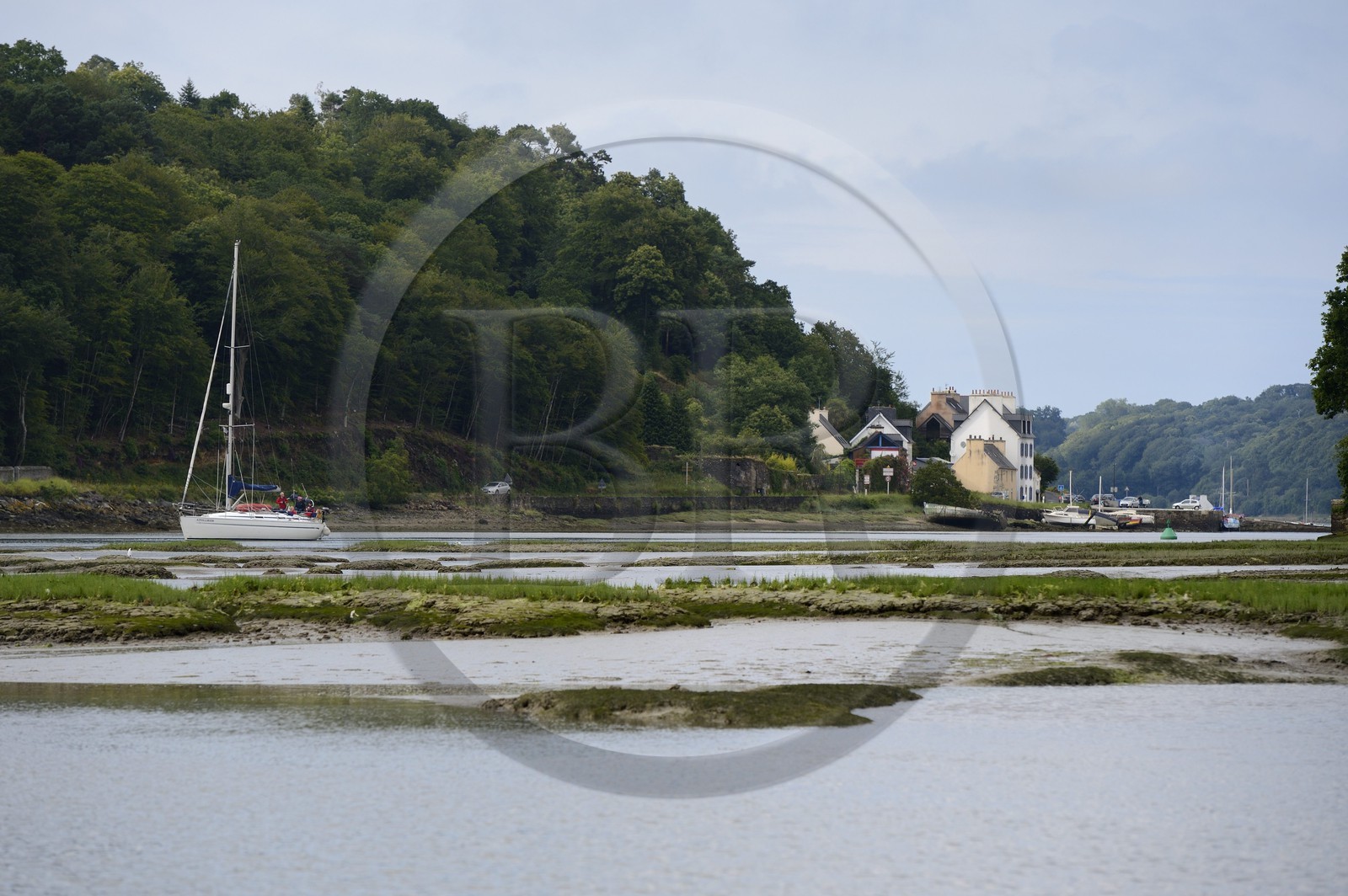 France, Finistère (29), voilier remontant Le Dossen ou rivière de Morlaix entre Locquénolé et Lanugy