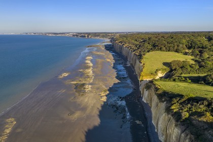France, Seine-Maritime (76), Côte d'Albatre, Pays de Caux, les falaises de la cote à Varengeville-sur-Mer et dieppe en arrière plan (vue aérienne)