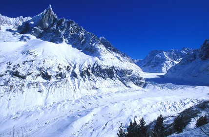 France, Haute-Savoie (74), vallée de Chamonix, la Mer de glace aux pied de l'Aiguille verte dans la vallée blanche (Mont-Blanc)