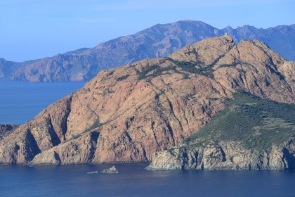 France, Corse du Sud, Golfe de Porto, listed as World Heritage by UNESCO, the Capo Rosso and the Genovese Tower of Turghiu (Turghio) in the background (aerial view)