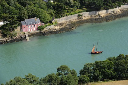 France, Morbihan, Gulf of Morbihan (Golfe du Morbihan), Vannes, Port Anna, a Sinagot traditional sailboat (aerial view)