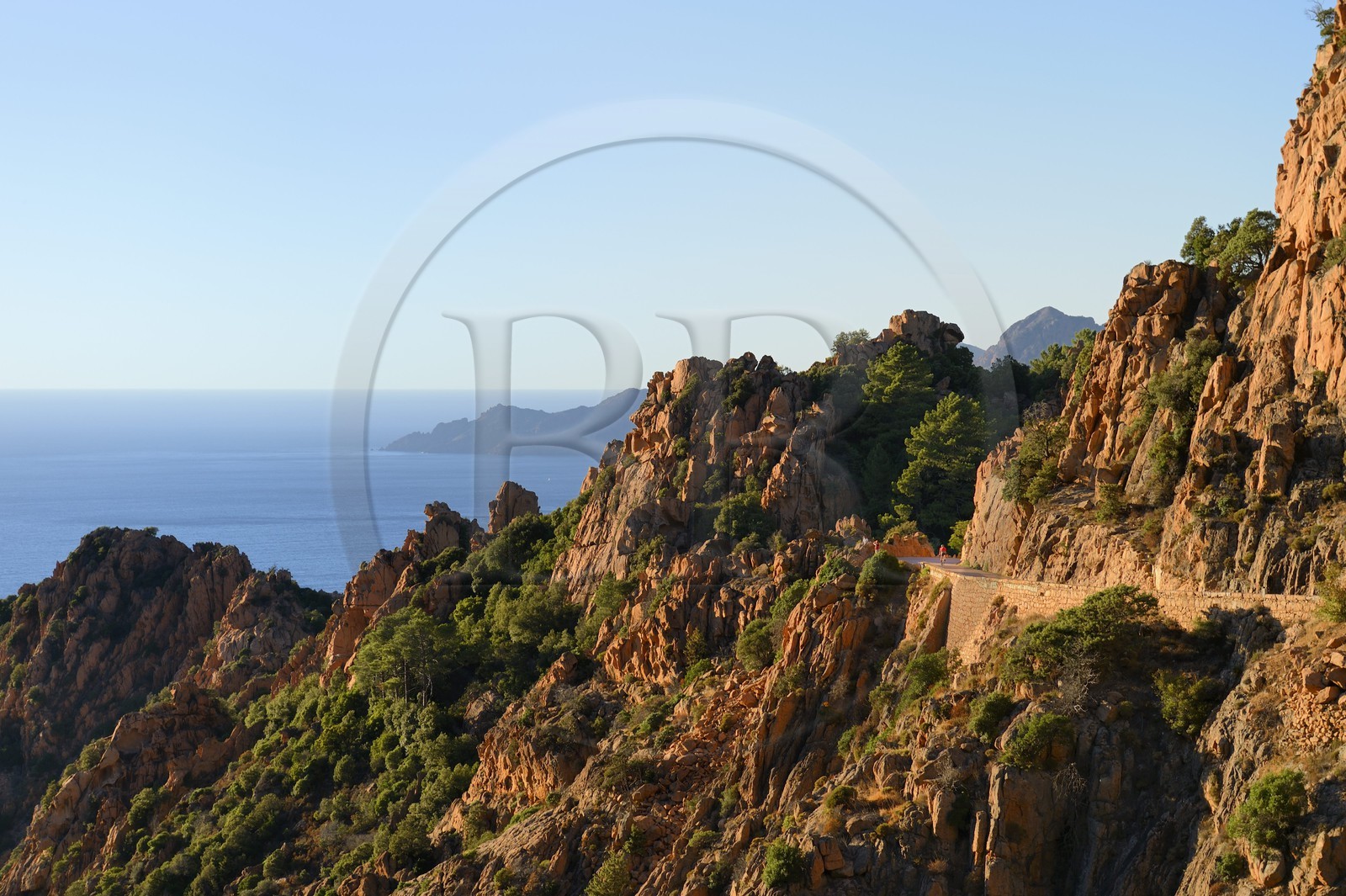 France, Corse-du-Sud (2A), Golfe de Porto, classé Patrimoine Mondial de l'UNESCO, calanches de Piana aux rochers de granit rose et la route D81 entre Porto et Cargèse