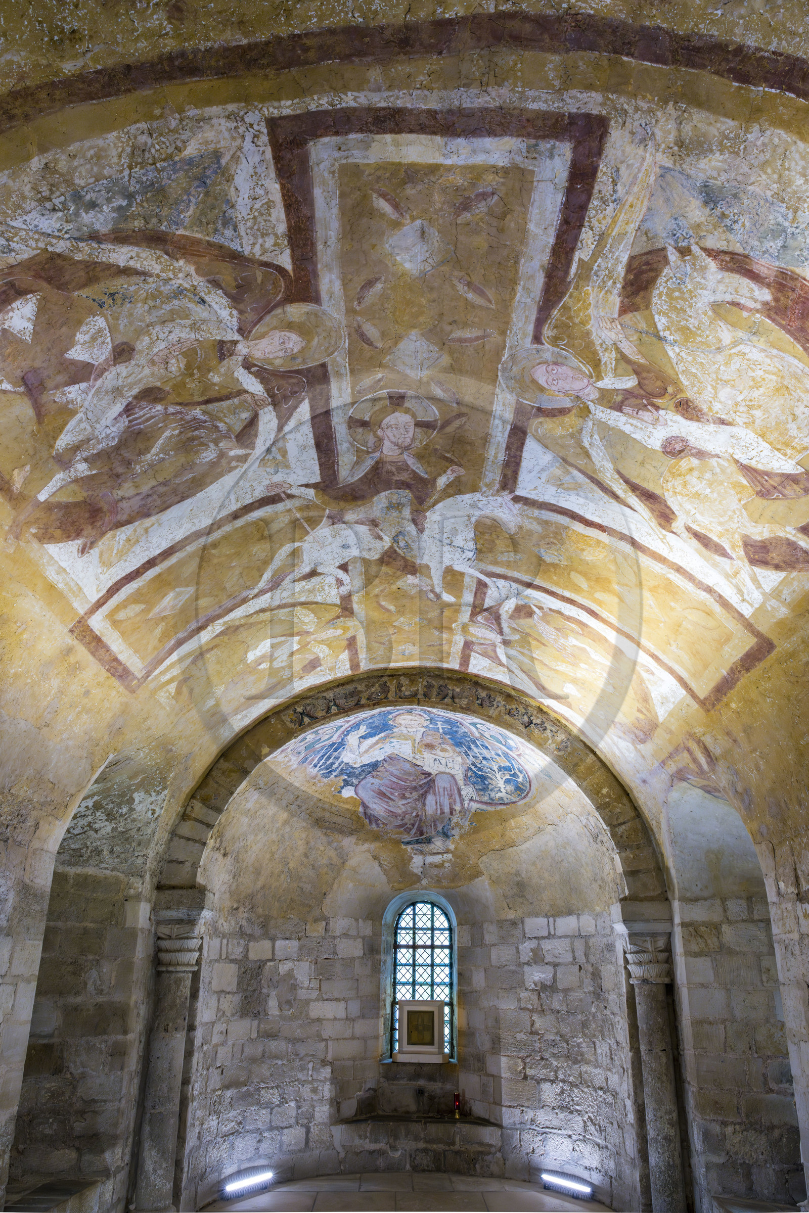France, Yonne, Auxerre, Saint-Etienne Cathedral, fresco of Christ on horseback from the vault of the Romanesque crypt (12th century)