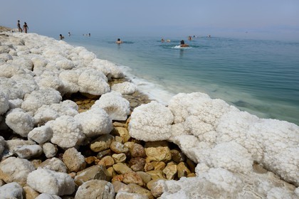 Israel, Southern District, swimmers at Ein Gedi Beach on the Dead Sea, saline concretions
