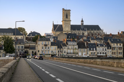 France, Nièvre, Nevers, Pont de la Loire, bridge over the Loire river, with the Saint-Cyr-et-Sainte-Julitte cathedral in the background