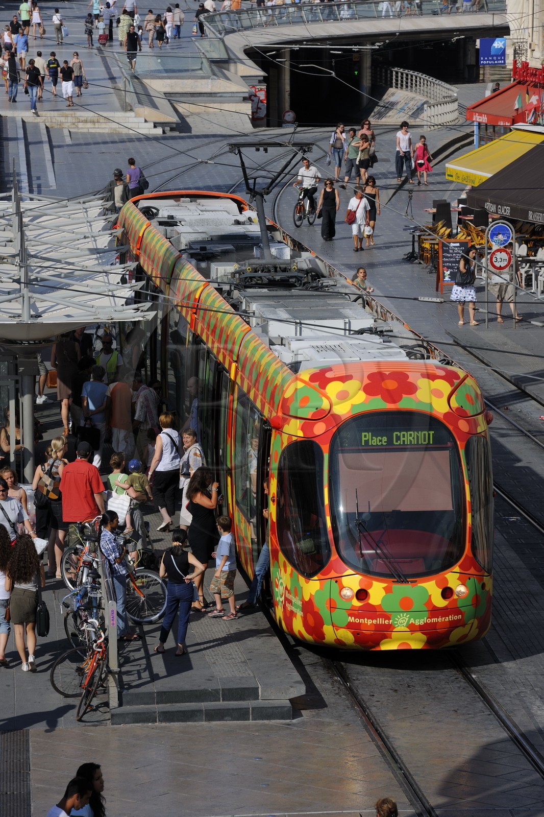 France, Herault, Montpellier, historical center, the Ecusson, tramway on the Place de la Comedie (Comedy Square)