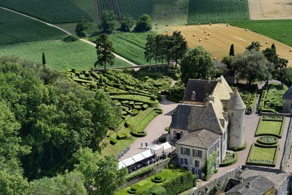France, Dordogne, Perigord Noir, Dordogne Valley, Vezac, Les Jardins du château de Marqueyssac of the 18th century, park and castle (aerial view)