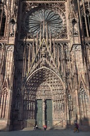 France, Bas Rhin, Strasbourg, old town listed as World Heritage by UNESCO, Notre Dame Cathedral, the western facade, the central portal called of the Virgin and the Prophets and the big Rose Window
