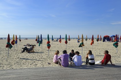 France, Calvados, Pays d'Auge, Deauville, the beach and its multicolored parasols