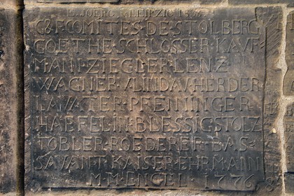 France, Bas Rhin, Strasbourg, old town listed as World Heritage by UNESCO, Notre Dame Cathedral, visitors having engraved in the sandstone of the octagonal tower their name in graffiti often by a guardian stonecutter, here Goethe with his friends in 1776